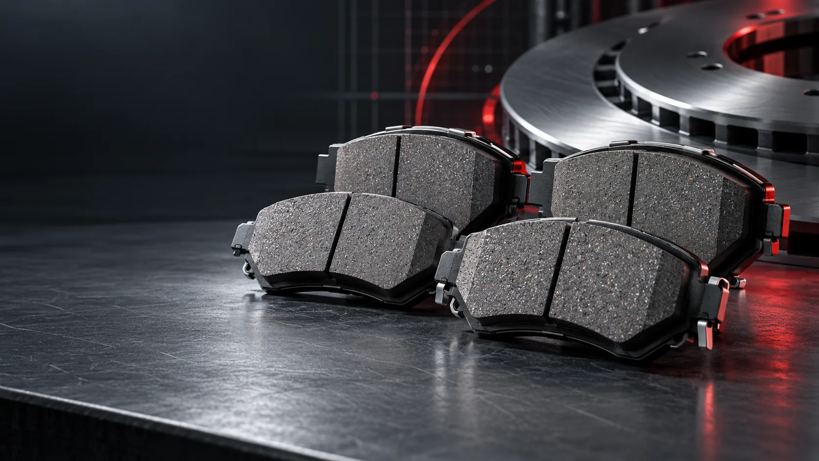 Brake pads displayed in a precision performance laboratory
